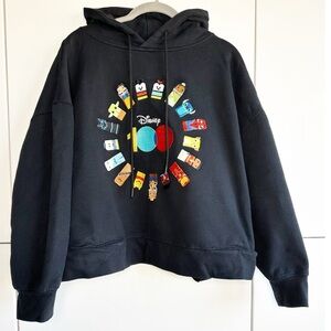Disney 100 Embroidered Character Sweatshirt Hoodie Cropped Black Pockets Size 1X